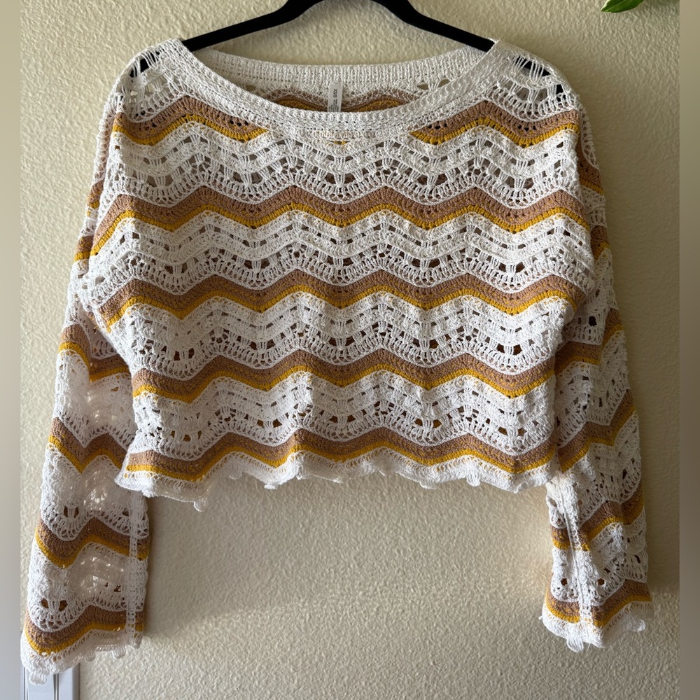 Women's White Crochet Chevron Sweater with Mustard Stripes